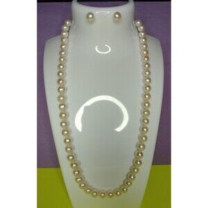 Vintage CP Pearl Necklace Earrings Set 14K Gold Filigree Clasp Bridal Jewelry 2x